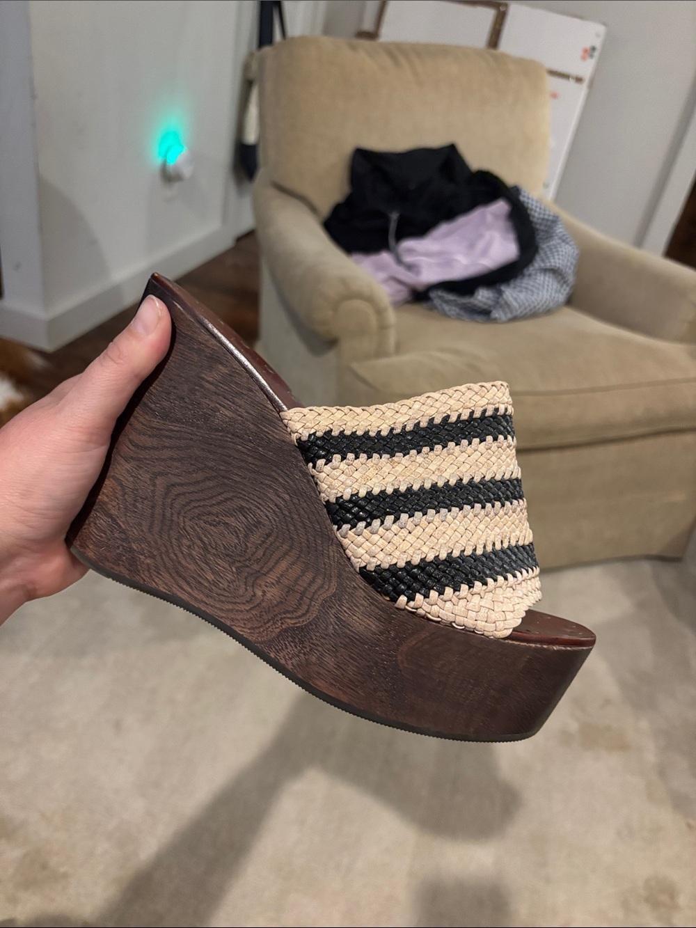 Joie Beige and Black Braided Platform Wedge
